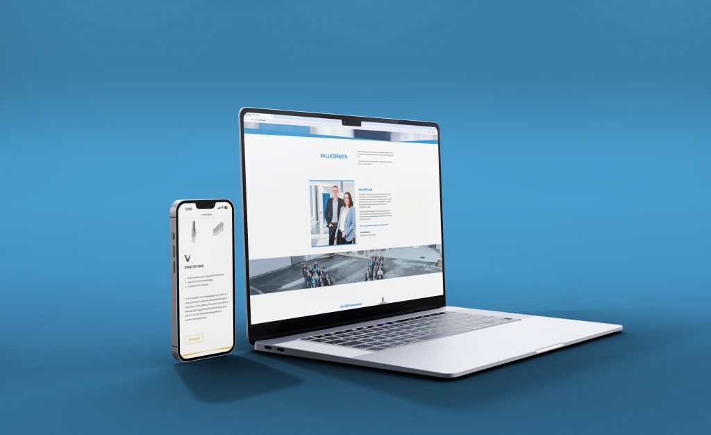 Mockup Webseite mit blauem Hintergrund.