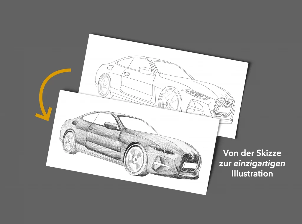 Illustration eines Autos vom Entwurf zur Ausarbeitung.
